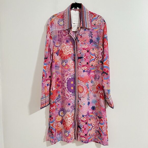 Swank Resort Cherry Blossom Shirt Size 1 / US 8 -12 Pink Boho Mix Media Feminine - Picture 1 of 9